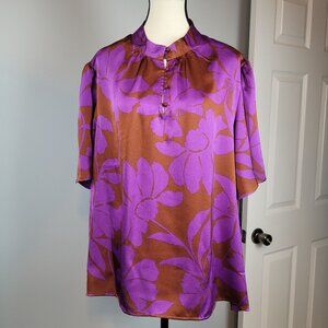 XXL Liz Claiborne Brandy Brown Purple Floral Short Sleeve Blouse Top Plus